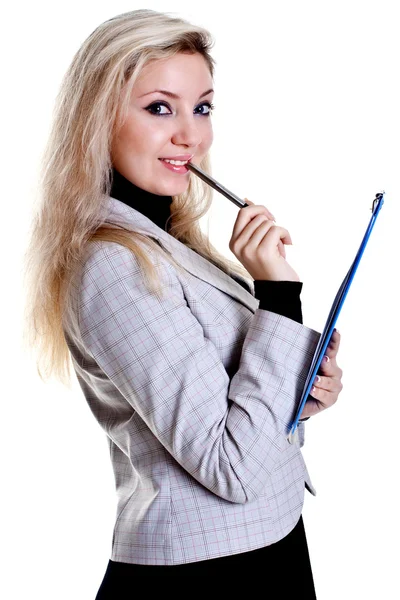 Mujer en una chaqueta con portapapeles — Foto de Stock
