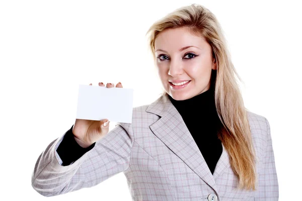 Jonge zakenvrouw met visitekaartje — Stockfoto