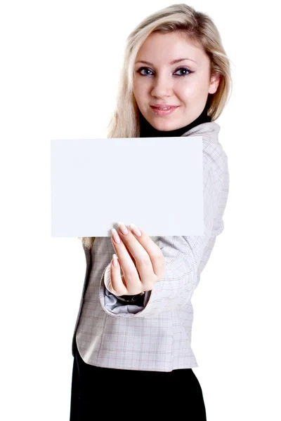 Jonge zakenvrouw met visitekaartje — Stockfoto