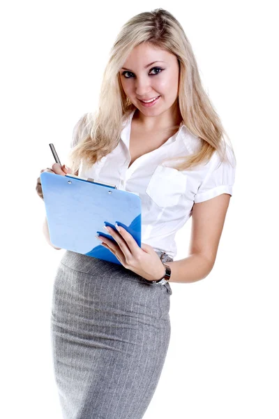 Business woman in a suit with clipboard Stock Photo