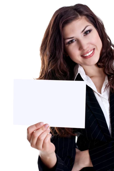 Young business woman with business card — Stock Photo, Image