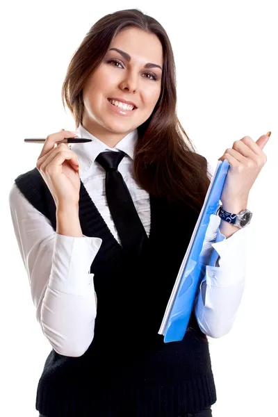 Mujer de negocios en un traje con portapapeles — Foto de Stock