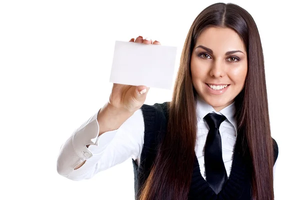 Молода бізнес-леді з візитною карткою — стокове фото