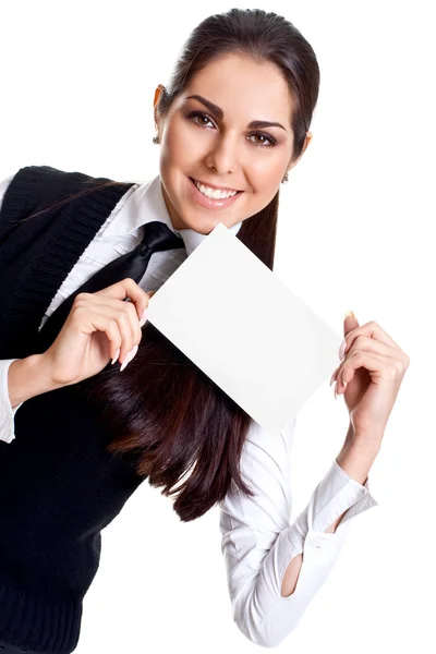 Jovem mulher de negócios com cartão de visita — Fotografia de Stock