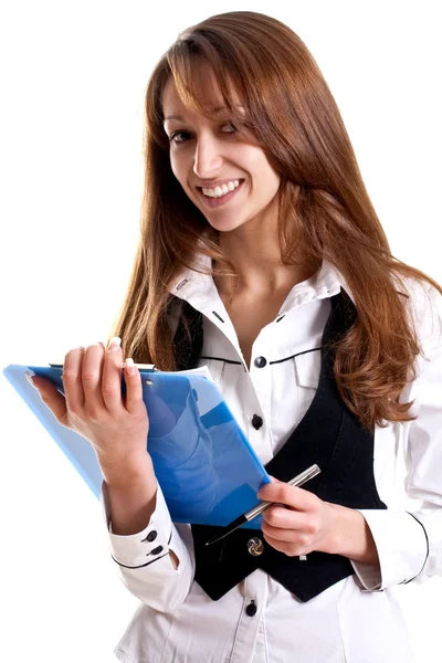Zakenvrouw in een pak met Klembord — Stockfoto
