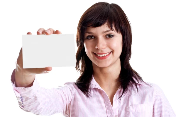 Ung kvinde med visitkort - Stock-foto