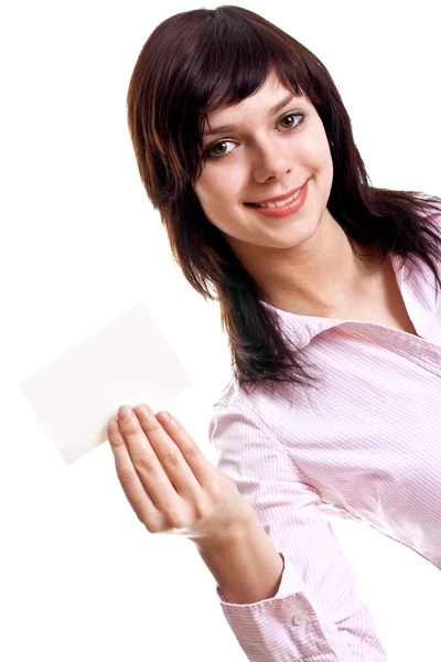 Young woman with business card — Stock Photo, Image