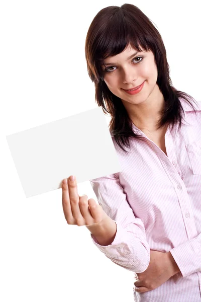 Νεαρή γυναίκα με επαγγελματική κάρτα — Φωτογραφία Αρχείου