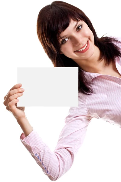 Young woman with business card — Stock Photo, Image