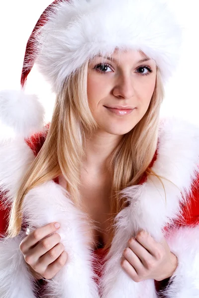 산타 클로스 옷을 입고 아름 다운 여 인 — 스톡 사진