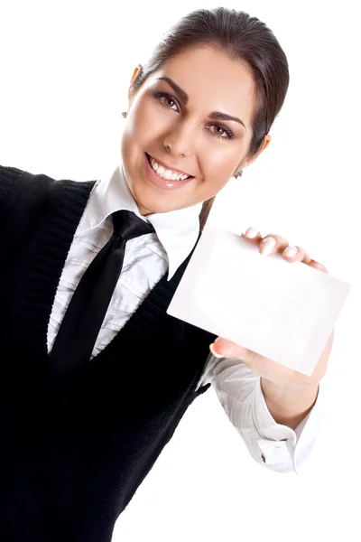 Joven mujer de negocios con tarjeta de visita — Foto de Stock