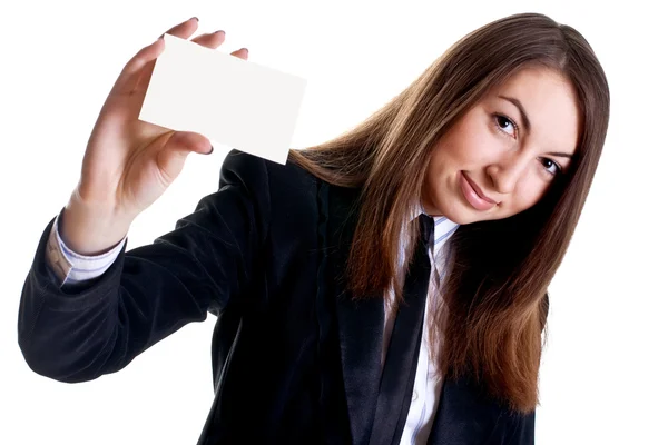 Joven mujer de negocios con tarjeta de visita — Foto de Stock
