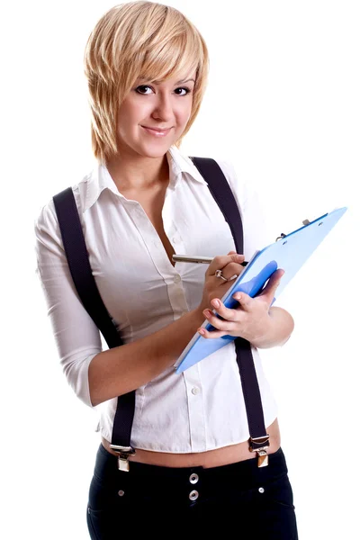 Business woman in a suit with clipboard — Stock Photo, Image