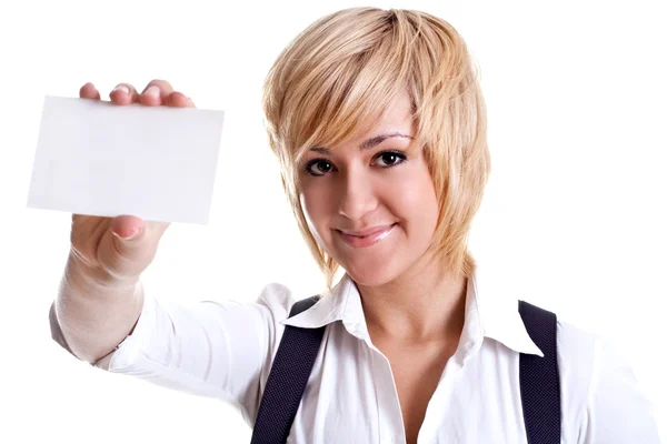 Jeune femme d'affaires avec carte de visite — Photo