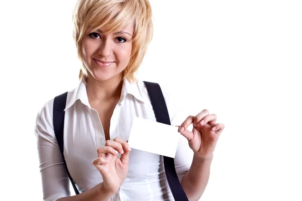 Молода бізнес-леді з візитною карткою — стокове фото