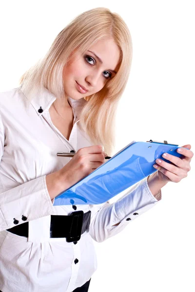 Business woman in a suit with clipboard — Stock Photo, Image