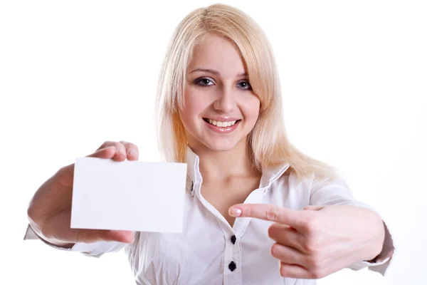 Young business woman with business card — Stock Photo, Image