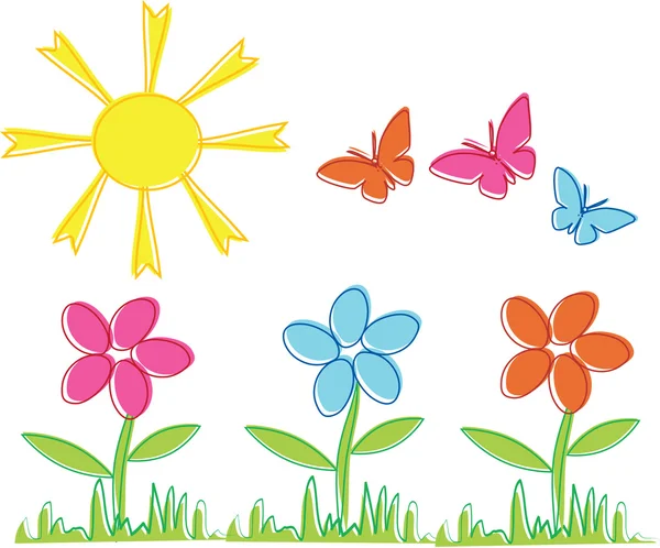 Flores de primavera e borboletas — Vetor de Stock