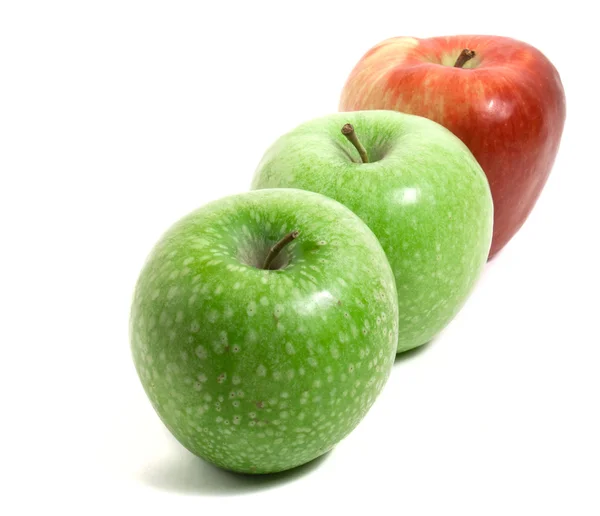 Three fresh apples in a row — Stock Photo, Image