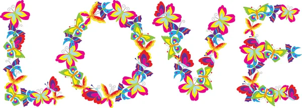 Иллюстрированный Взгляд Слово Любовь Написанное Ярко Окрашенными Бабочками — стоковое фото