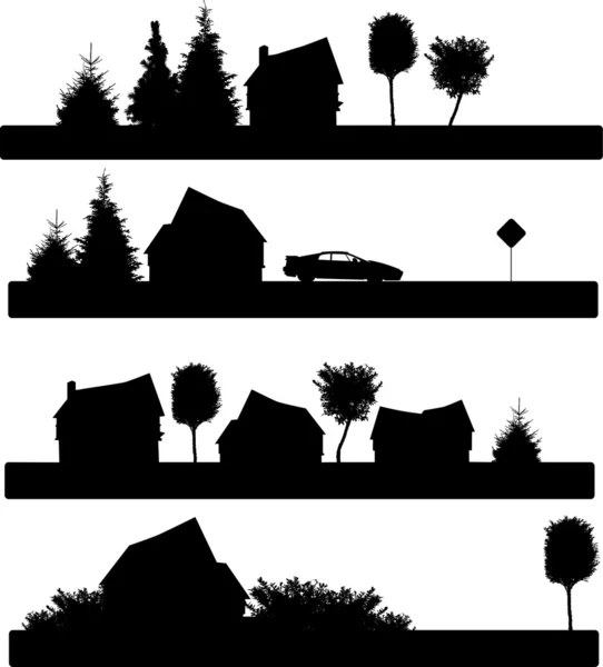Ilustración Las Siluetas Del Edificio Árbol Coche Señal Tráfico — Foto de Stock