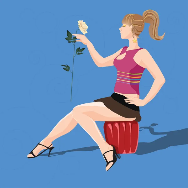 Ілюстрація Молодої Дівчини Сидить Стільці Тримає Руках Квітку Білу Троянду — стокове фото