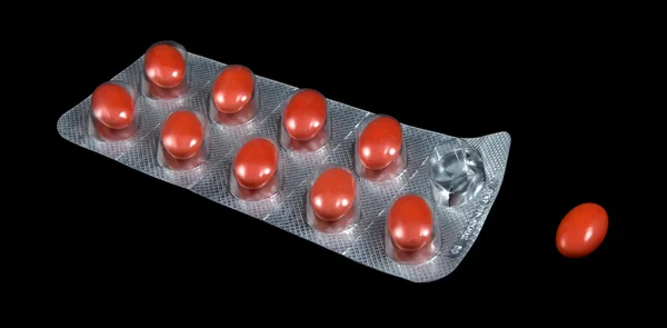 Pillole Rosse Blister Sfondo Nero — Foto Stock