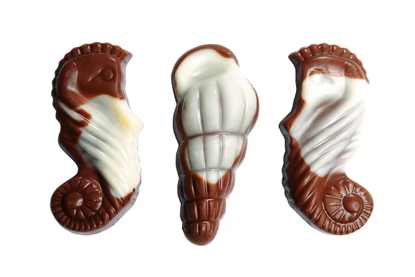 Kép Édes Csokoládé Cukorka Formájában Tengeri Kagyló Elszigetelt Fehér Background — Stock Fotó