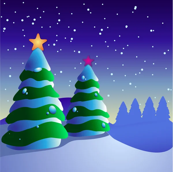 Ilustração Campo Inverno Com Dois Pinheiros Decorados Com Decorações Natal — Fotografia de Stock