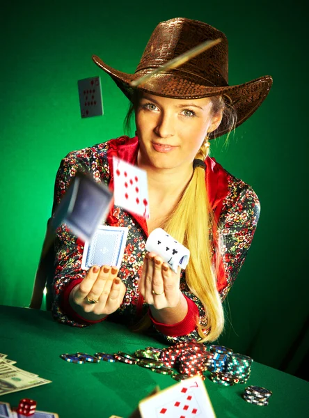 Girl with a beard plays poker — Stock Photo, Image