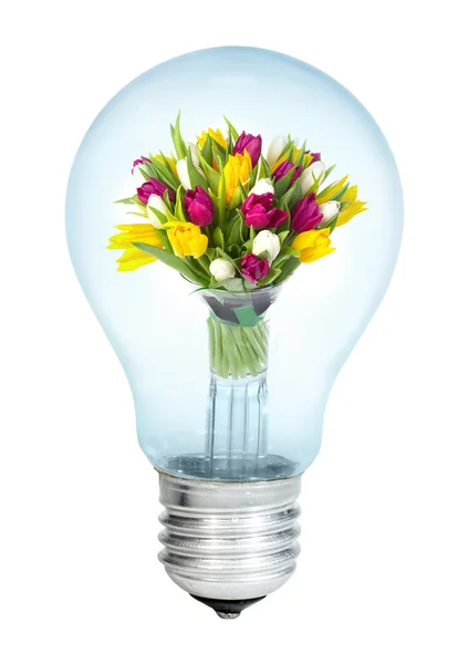 Electrobulb with a bunch of tulips — Stock Photo, Image