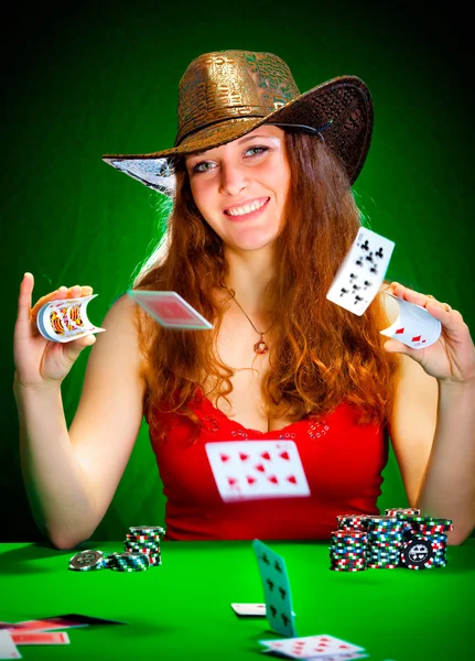 Girl and playing cards — Stock Fotó