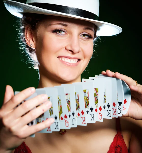 Menina e jogar cartas — Fotografia de Stock