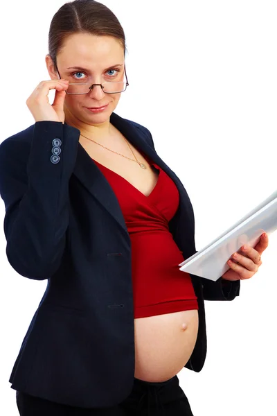 Těhotná moderátorka v práci — Stock fotografie