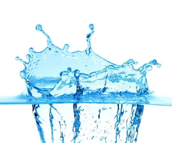 Chispas de agua azul sobre un fondo blanco — Foto de Stock