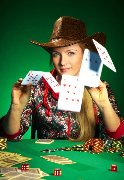 Girl with a beard plays poker — Stock Photo, Image