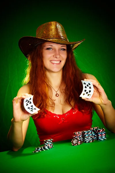 Dívka a hrací karty — Stock fotografie