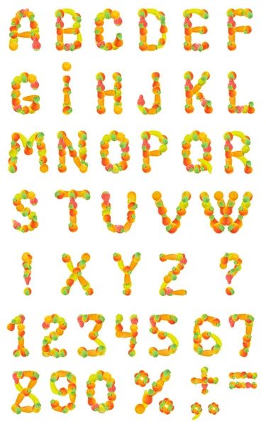 字母表从艾菲尔铁塔的白色背景上的水果 — 图库照片