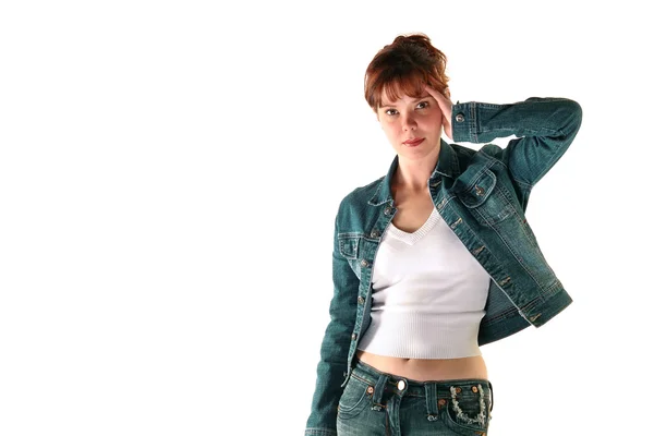 Девушка в джинсовом костюме — стоковое фото