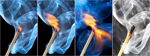 Photo of a burning match in a smoke on a — Stock Photo, Image