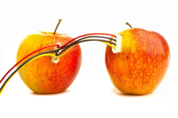Zwei frische Äpfel durch Drähte verbunden. — Stockfoto
