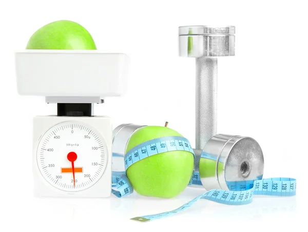 Dumbbells and apple. A healthy way of li — Stock Photo, Image
