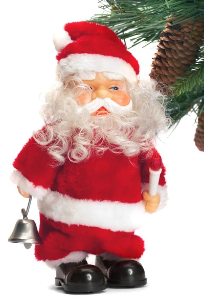 Santa com uma campainha nas mãos perto de um fu — Fotografia de Stock