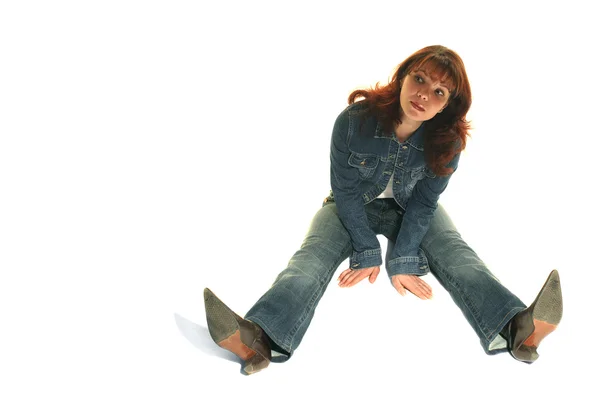 Flickan i jeans kostym — Stockfoto