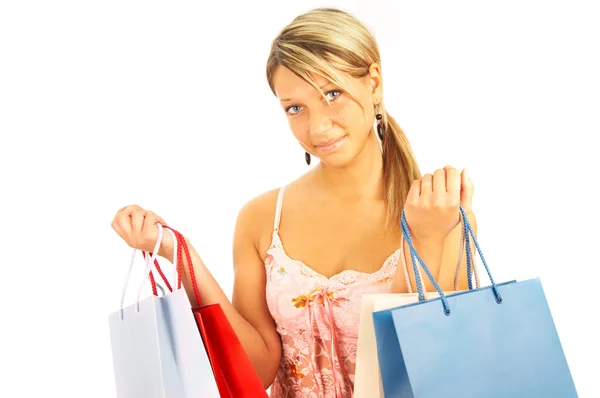 Dziewczyna z torby - porównanie zakupy. sa — Zdjęcie stockowe