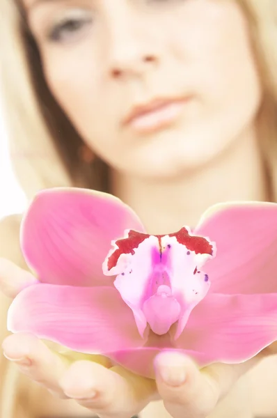 Retrato da menina com uma orquídea — Fotografia de Stock