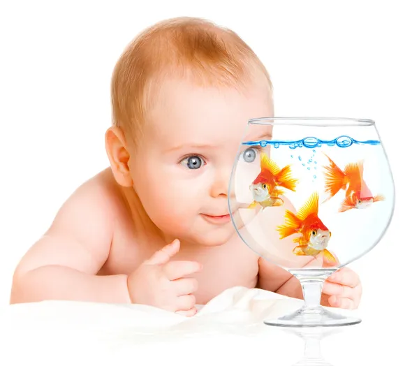 Дитина і goldfishs — стокове фото