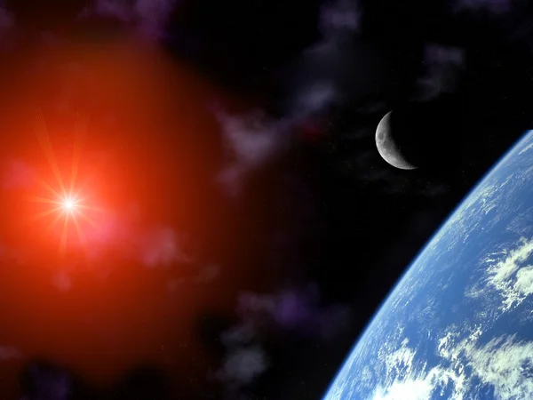 Ziemi z księżycem i słońcem nad ONZ — Zdjęcie stockowe