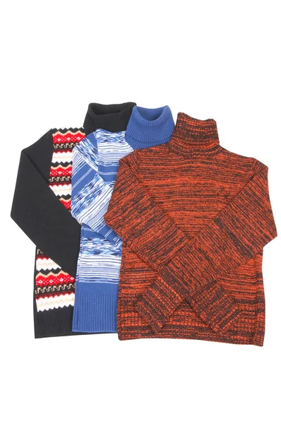 Trzy wspaniałe kolorowe swetry na wh. — Zdjęcie stockowe