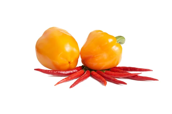 Små röda paprikor med två gula på en — Stockfoto